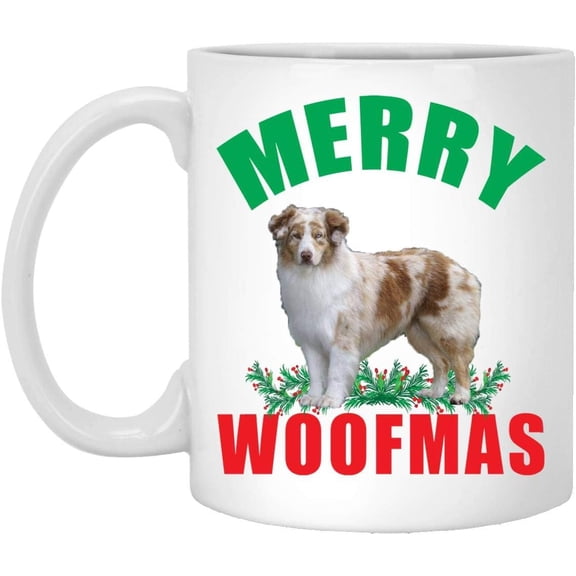 Lovesout Merry Woofmas Australian Shepherd Brown Merle 2025 Christmas Gifts New Years 2026 Decorations Coffee Mug Ceramic White 11 oz