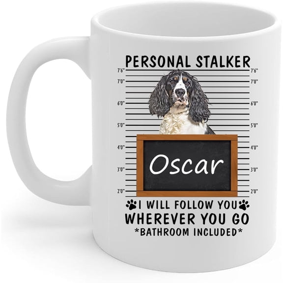 Lovesout Personal Stalker I Will Follow You Black White English Cocker Spaniel Personalized Name Coffee Mug White Ceramic Cup 11oz