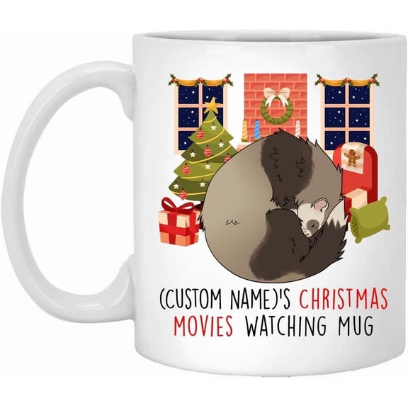 Lovesout Sable Ferret 2025 Christmas Movies Watching Mug Personalized Name Gifts 2026 New Year Eve Coffee Cup White 11 oz