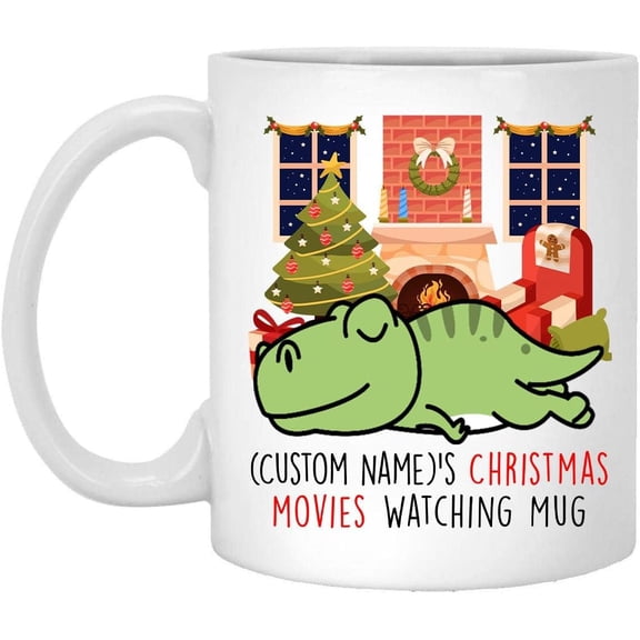 Lovesout Sleeping Dinosaur 2025 Christmas Movies Watching Mug Personalized Name Gifts 2026 New Year Eve Coffee Cup White 11 oz