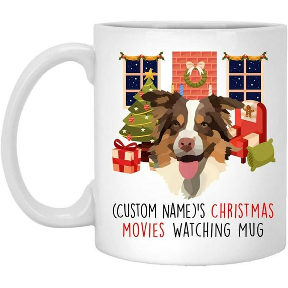 Lovesout Tri Brown Australian Shepherd Dog 2025 Christmas Movies Watching Mug Personalized Name Gifts 2026 New Year Eve Coffee Cup White 11 oz