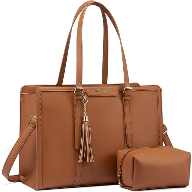 Lovevook Detachable Shoulder Strap Multi Pockets PU Leather Large Capacity Laptop Bag Clutch Purse, Brown