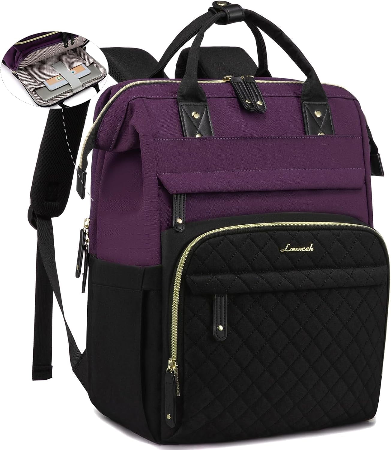 Lovevook Laptop Backpack for Women,Quilted Fashion Nurse Teacher Work Backpack Purses,Water-Resistant Travel Computer Bag for College Office Ladies Fit 15.6" Laptop