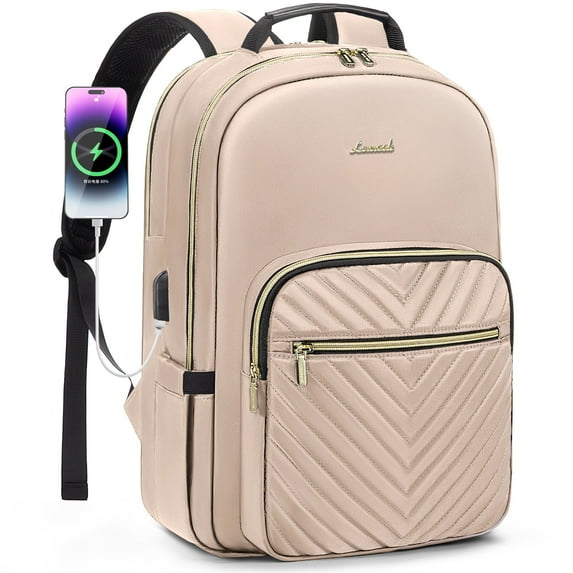 Lovevook Laptop Backpack for Women, 15.6" Quilted Travel Backpack with Anti-Thief Pocket, Teacher Backpack Book Bag Nurse Bag Purse with USB-Antique White