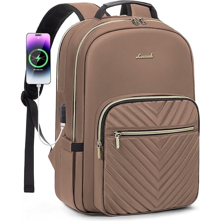 Lovevook Laptop Backpack for Women, 15.6" Quilted Travel Backpack with Anti-Thief Pocket, Teacher Backpack Book Bag Nurse Bag Purse with USB-Coffee Brown