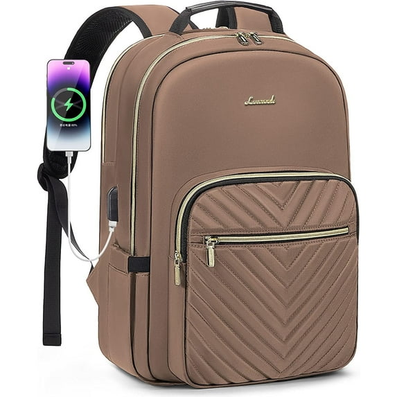 Lovevook Laptop Backpack for Women, 15.6" Quilted Travel Backpack with Anti-Thief Pocket, Teacher Backpack Book Bag Nurse Bag Purse with USB-Coffee Brown