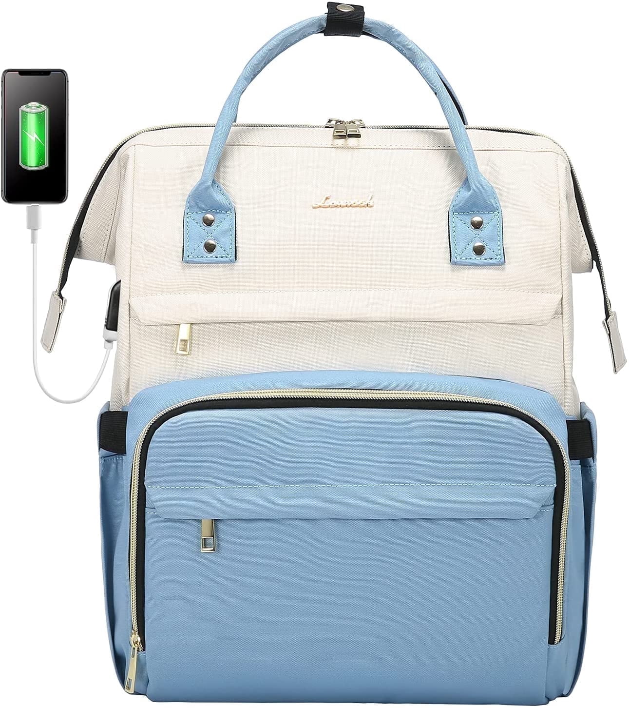 Lovevook Laptop Bag 15.6", Women Work Computer Bag Teacher Nurse Backpack Purse with USB, Waterproof Travel Backpack College Bookbag- Beige+Light Blue