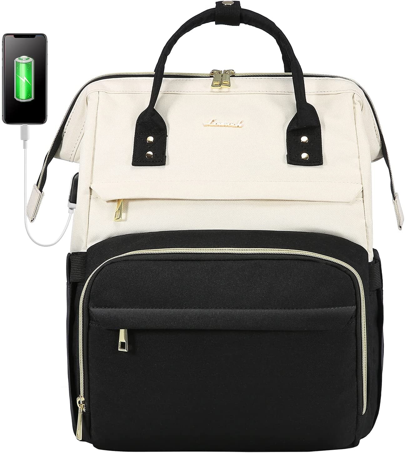 Lovevook Laptop Bag 15.6",Women Work Computer Bag Teacher Nurse Backpack Purse with USB,Waterproof Travel Backpack College Bookbag(Beige-Black)