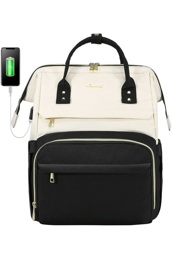 Laptop Bag 15.6",Women Work Computer Bag Teacher Nurse Backpack Purse with USB,Waterproof Travel Backpack College Bookbag(Beige-Black)