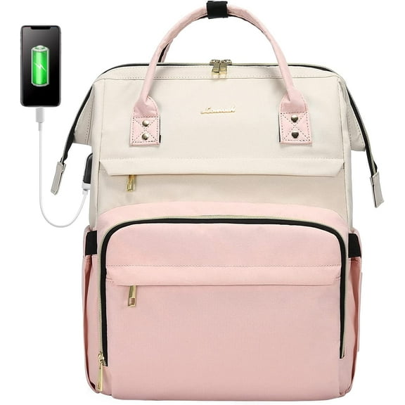 Lovevook Laptop Bag 15.6",Women Work Computer Bag Teacher Nurse Backpack Purse with USB,Waterproof Travel Backpack College Bookbag(Beige-Pink)