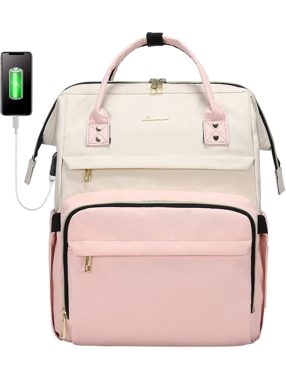 Laptop Bag 15.6",Women Work Computer Bag Teacher Nurse Backpack Purse with USB,Waterproof Travel Backpack College Bookbag(Beige-Pink)
