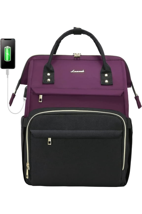 Laptop Bag 15.6",Women Work Computer Bag Teacher Nurse Backpack Purse with USB,Waterproof Travel Backpack College Bookbag(Dark Purple-Black)