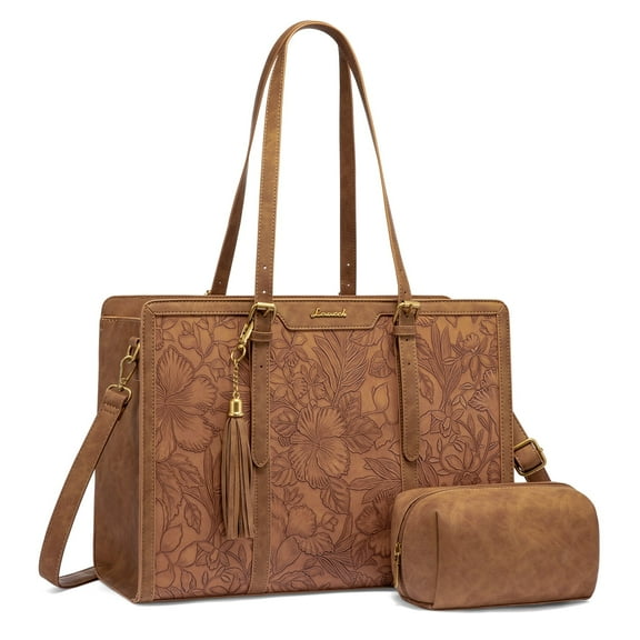 Lovevook Laptop Bag for Women, Stylish Vintage PU Leather Laptop Work Tote 15.6 in, Elegant Shoulder Bag Designer Bag with Small Clutch Purses