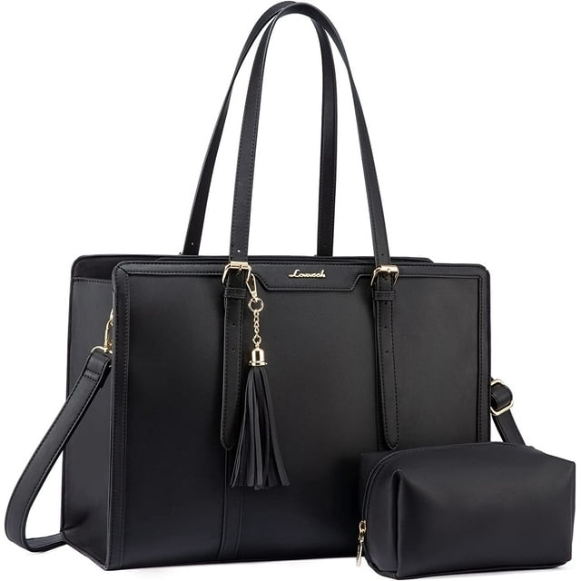Lovevook Laptop Tote Bag for Women,Pu Leather Laptop Purses,Large Capacity Laptop Bag Computer Bag with Clutch Purse for Business,Work,Study,Office,Travel-Black