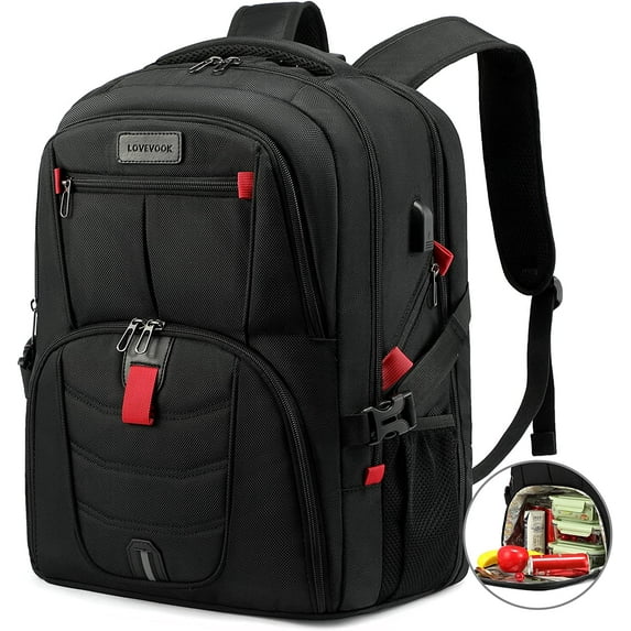Lovevook Lunch Backpack for Men, Insulated Cooler Lunch Box Backpack Picnic, Travel Backpack Fit 17 Inch Laptop with Lock & USB-Black