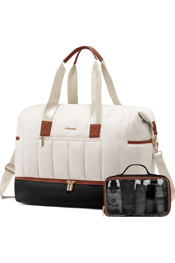 Puffer Duffle Bag, 42L Travel Weekender Overnight Bag with Toiletry Bag, Carry-on Personal Item Bag Hospital Bag Gym Bag with Dry/Wet Separation