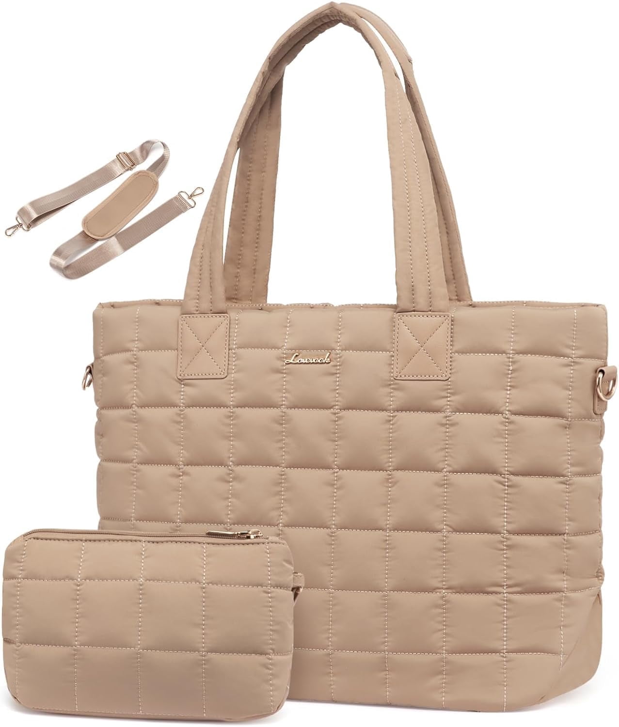 Lovevook Puffer Tote Bag for Women, Quilted Work Tote Bag Fits 15.6 In Laptop Compartment, Large Puffy Shoulder Bag Travel Bag for Daily Work Gym Weekend