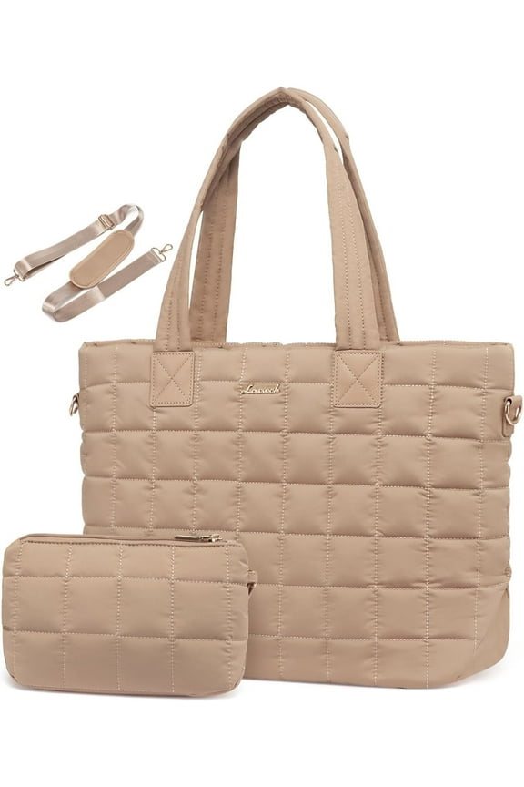 Puffer Tote Bag for Women, Quilted Work Tote Bag Fits 15.6 In Laptop Compartment, Large Puffy Shoulder Bag Travel Bag for Daily Work Gym Weekend