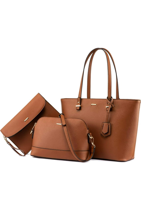 Purses and Handbags for Women, Fashion Tote Satchel Shoulder Bag,Top Handle Satchel Bags Purse Set- 3pcs & Brown