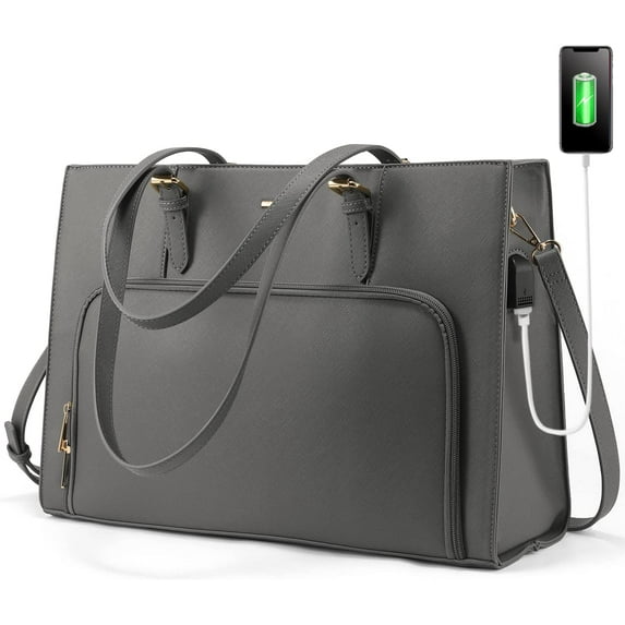 Lovevook Women's USB Port PU Leather 15.6" Laptop Tote, Gray