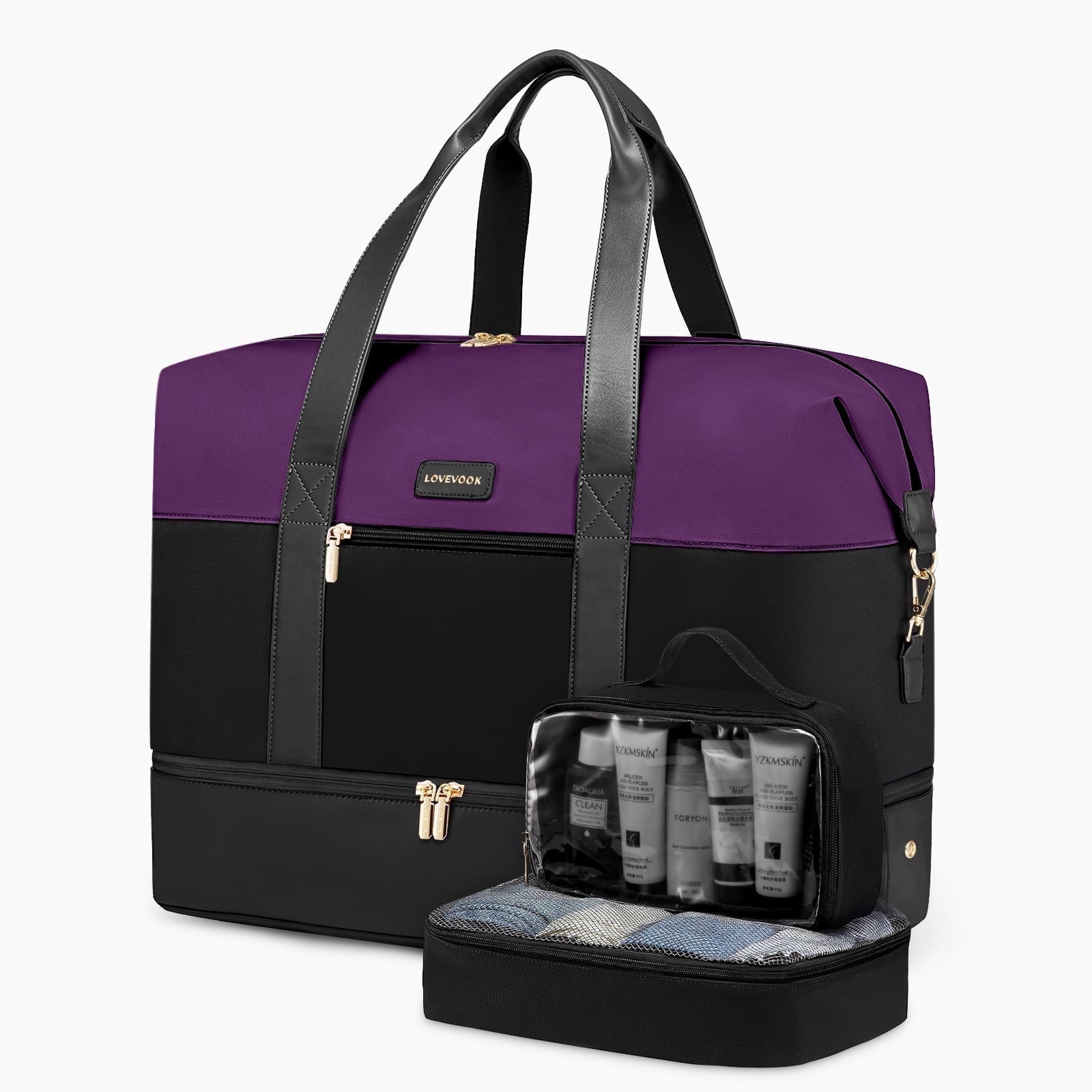Lovevook Travel Duffel Bag for Women, Large Weekender Overnight Bag, Carry-on Gym Bag with Separate Shoes Compartment, Mom Hospital Bags for Labor and Delivery with 2 Packing Cubes