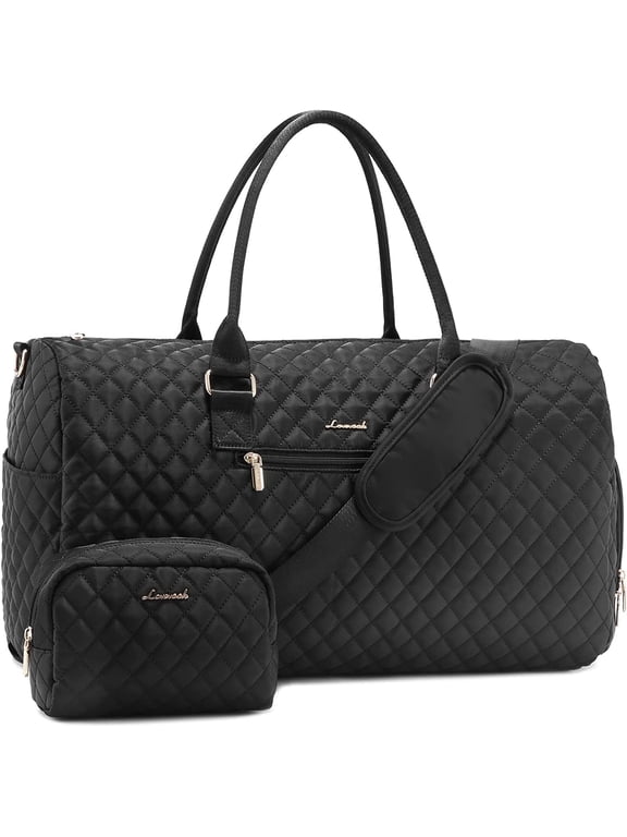 Travel Duffle Bag, Quilted Weekender Overnight Bag with Toiletry Bag, Gym Beach Mummy Hospital Bag with Wet Pocket (Black)