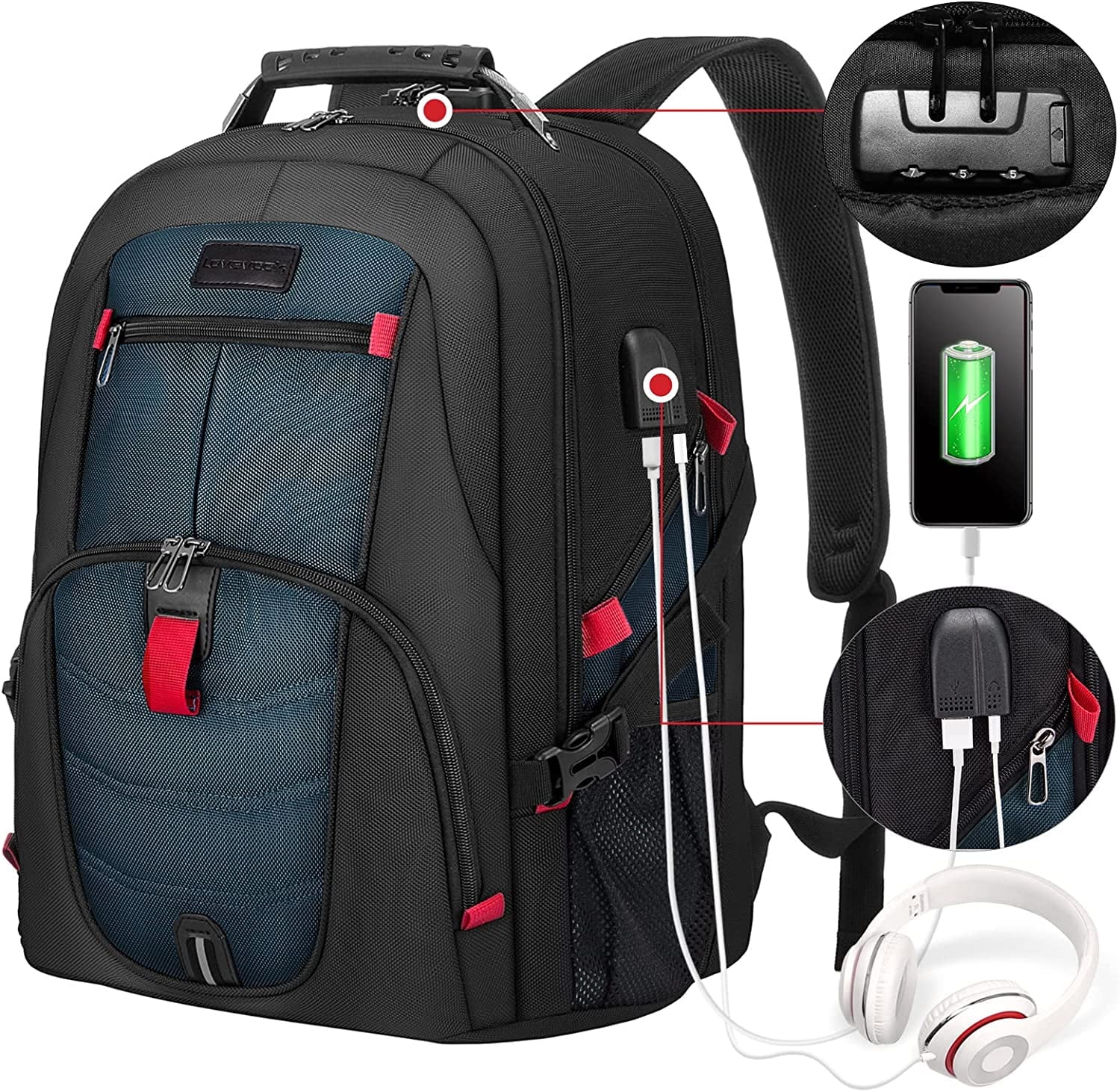 Lovevook Travel Laptop Backpack for Men,Waterproof Travel Work Bags College Bookbag with Lock and USB Port (17 inch Larger,Dark Blue)