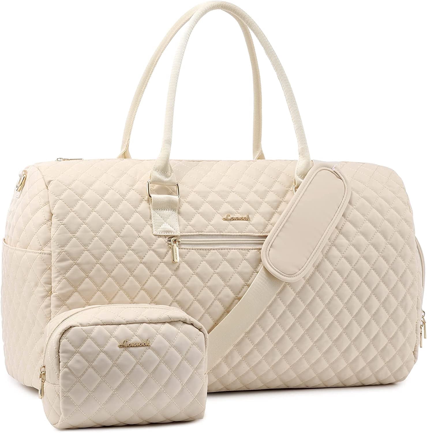 Lovevook Weekender Bag for Women, Large Travel Duffle Bag with Toiletry Bag, Gym Beach Bag Mummy Hospital Overnight Bag with Separate Wet Pocket-Beige & Quilted