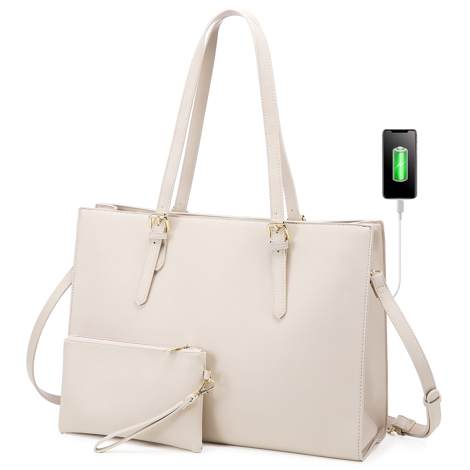 MOSISO 15.6" Laptop Tote Bag For Women - PU Leather Waterproof Work Bag With Flap Pocket & Detachable Clutch, Plum Color