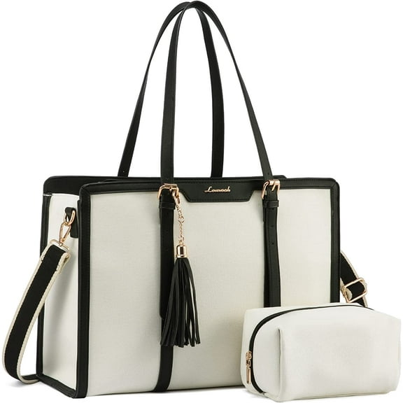 Lovevook Women's Lightweight Canvas 15.6" Laptop Tote with Clutch Purse, Black and Beige
