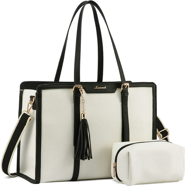 Lovevook Women's Lightweight Canvas 15.6" Laptop Tote with Clutch Purse, Black and Beige