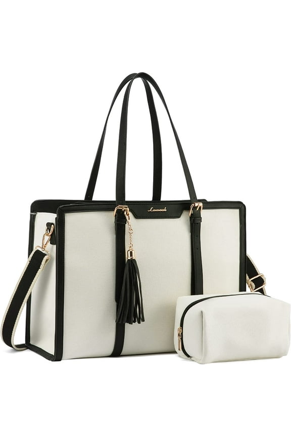 Women's Lightweight Canvas 15.6" Laptop Tote with Clutch Purse, Black and Beige