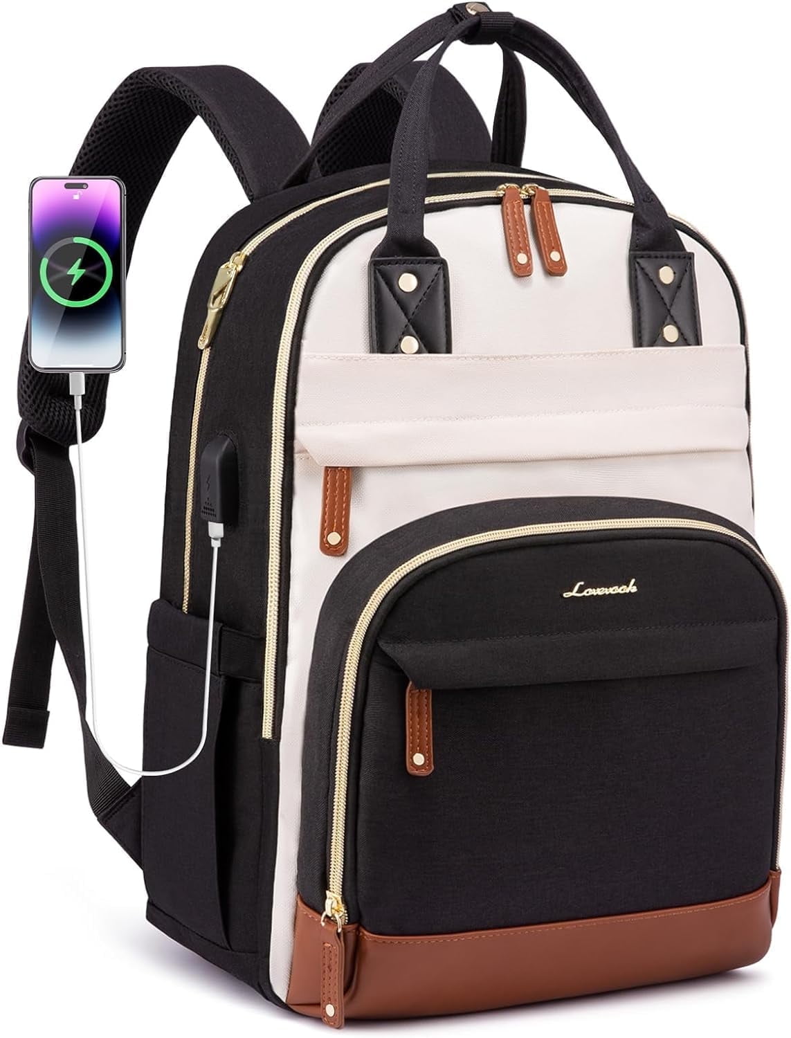 Lovevook Women's USB Charging Port Nylon 15.6" Laptop Backpack, Black-Beige