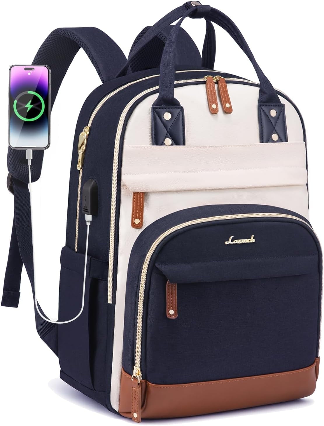 Lovevook Women's USB Charging Port Nylon 15.6" Laptop Backpack, Navy-Beige