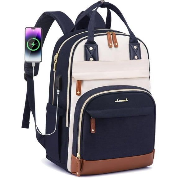 Lovevook Women's USB Charging Port Nylon 15.6" Laptop Backpack, Navy-Beige
