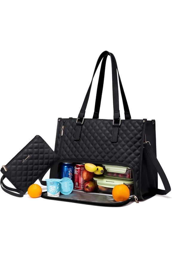 Work Tote Bag for Women, Classic Quilted Pu Leather Handbag Purses with 15.6 in Laptop comparment and Insulated Lunch Compartment better for work lunch nurse college picnic drinks casul