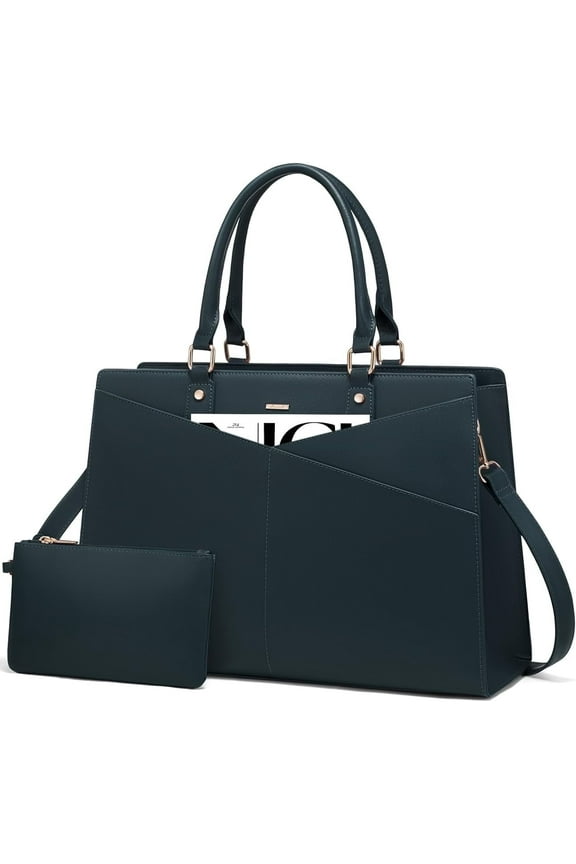 Work Tote Bag for Women, Multi-Pocket Laptop Tote Shoulder Bag Fit 15.6 in Laptop, Pu Leather Office Briefcase with Small Clutch Bag