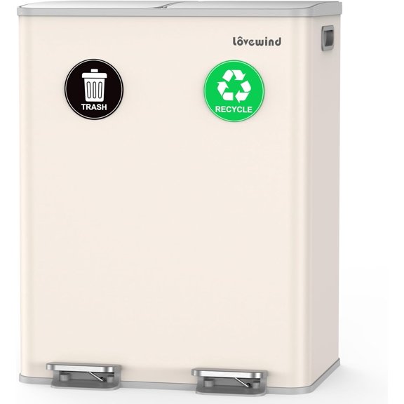Lovewind Kitchen Trash Can, 2 x 8 Gallon (2 x 30 L) Stainless Steel Trash and Recycle Bin Combo with Soft-Close Lid, Dual Compartment Recycling Kitchen Step Trash Bin, Apricot