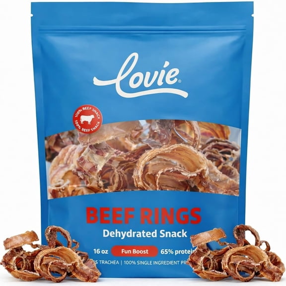 Lovie Beef Rings Dog Treats, Air Dried Beef Lung Rings for Dogs, Natural Chewy Dog Snacks, High Protein Grain Free Treats for Medium & Large Dogs