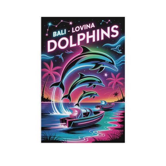 Lovina Beach Bali Cyberpunk Neon Poster Futuristic Dolphin Watching Tropical Ocean Digital Wall Art Canvas Poster
