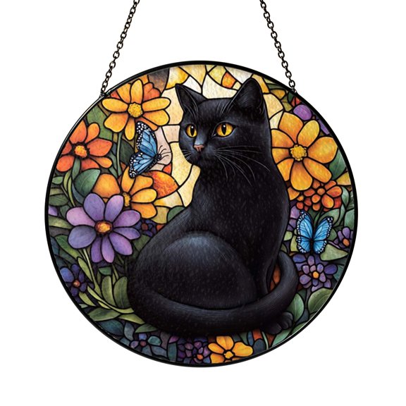 Loving Black Cat Theme Stained Glass Suncatcher Cozy Window Hanging Pet Inspired Home Decoration
