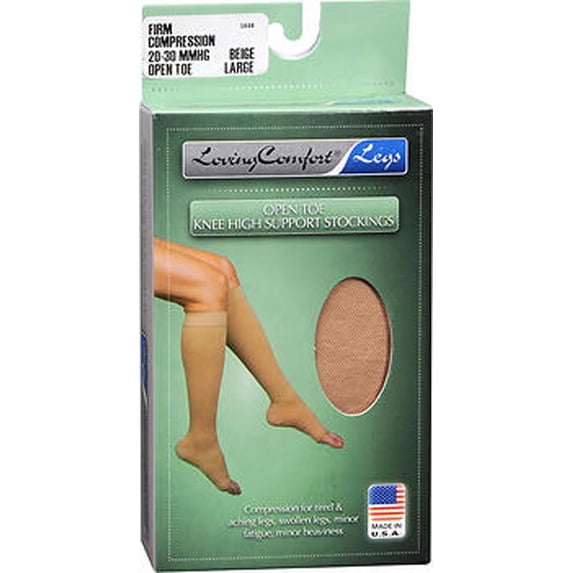 Loving Comfort Knee High Open Toe Firm Compression Stockings, 20-30 mmHg, Large, Beige