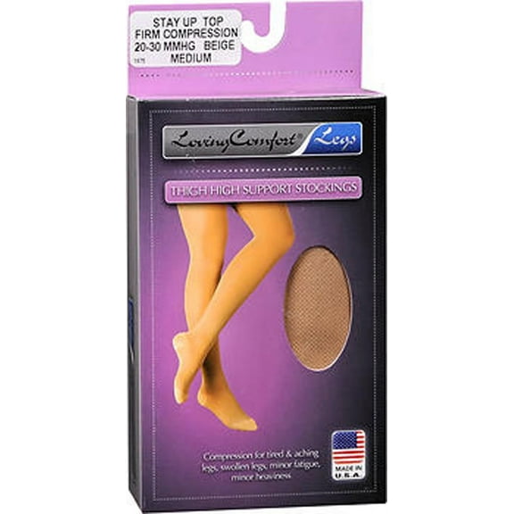 Loving Comfort Legs Thigh High Support Firm Compression Stockings, 20-30 mmHg, Medium, Beige