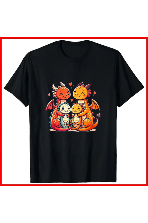 Loving Dragon Family Mother Father Two Children Fantasy Graphic Unisex T-Shirt, up to size 5XL