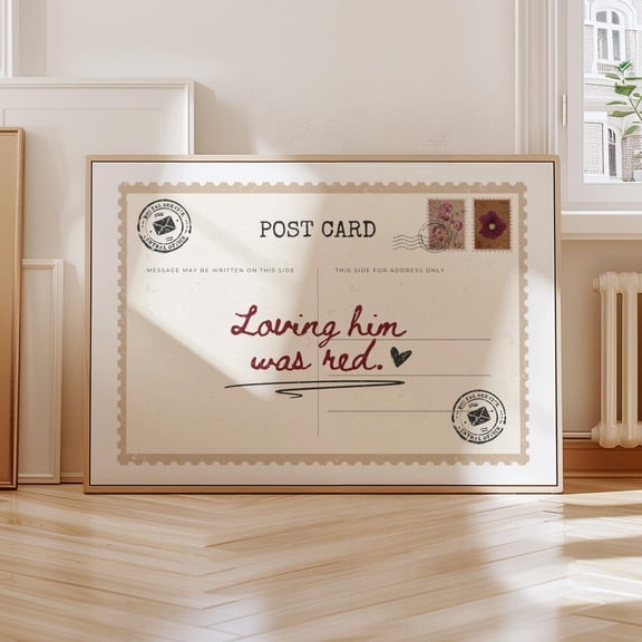 Loving Him Was Red Print Vintage Postcard Music Lyrics Quote Motivational Apartment Decor Girly Collage Dorm Decor Wall Art Daily Reminders Art
