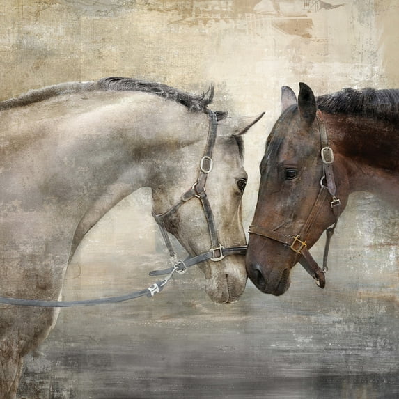 Loving Horse 23.5" x 23.5" Farm Animal Painting, Neutral Canvas Wall Art Print, by Prinz