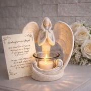 Loving Memories Angel Candle Holder Ivory Finish Memorial Theme Polyresin LED Tealight & Card Set