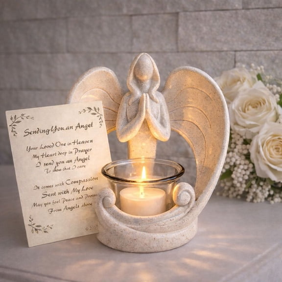 Loving Memories Angel Candle Holder Ivory Finish Memorial Theme Polyresin LED Tealight & Card Set