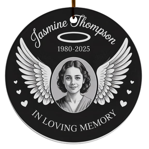 In Loving Memory Ceramic Christmas Ornament 2025, Angel Wings Picture Memorial Christmas Ornament Keepsake, Custom Name Text Photo Year Remembrance Christmas Ornament Gift