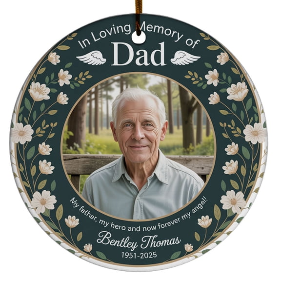 In Loving Memory Christmas Ornament 2025, Custom Name Text Date Photo Keepsake, Dad in Heaven Christmas Ornament Gift for Father Papa, Sympathy Memorial Decoration for Xmas